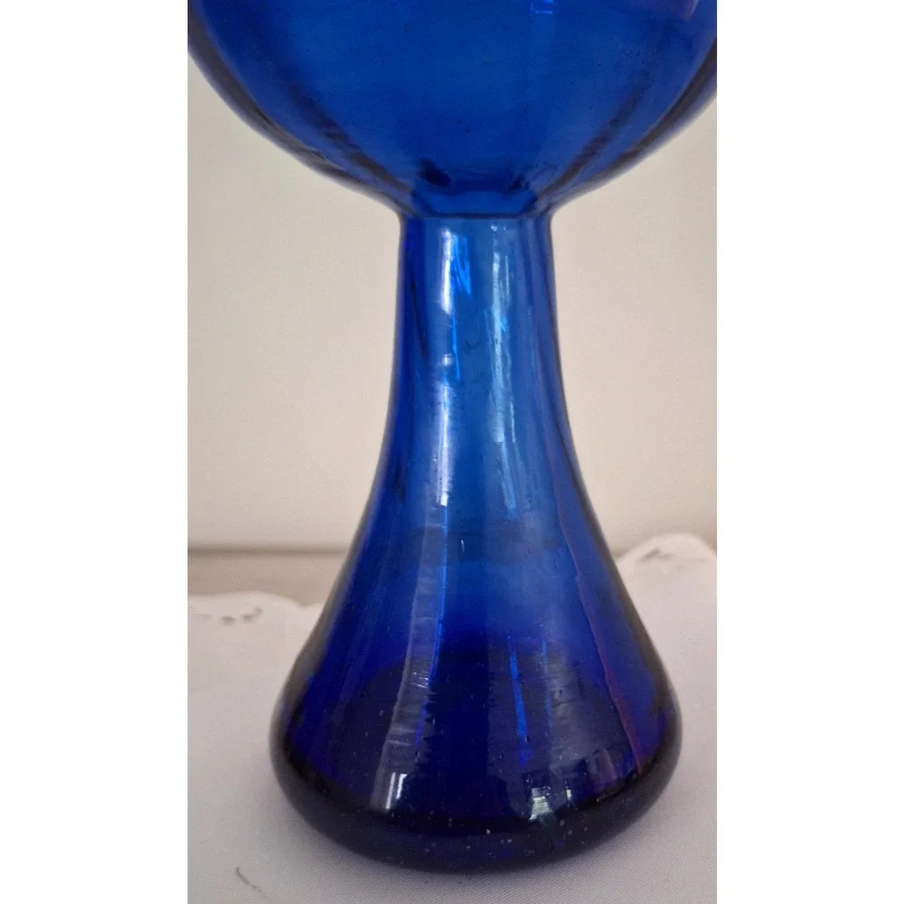 Vtg Cobalt Bue Hand Blown Glass Crocus Forcing Vase Optic Rib Polished Pontil